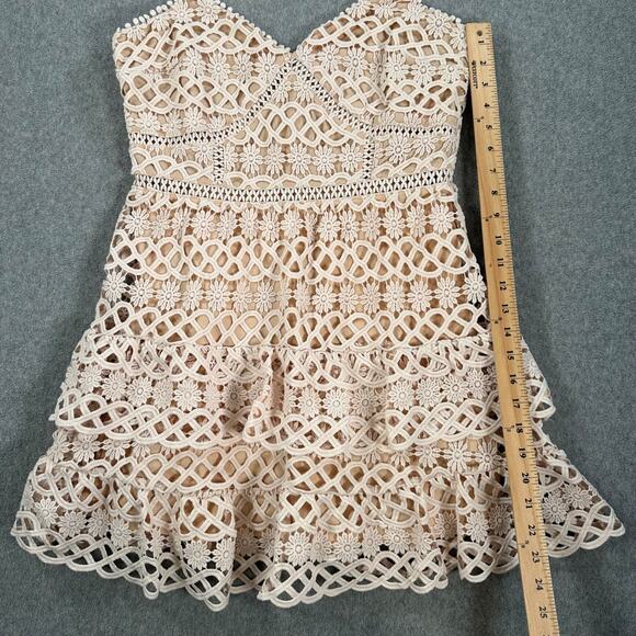 Lulus Lace Overlay Mini Dress Women's Medium Beige Tiered Ruffle Sleeveless - Picture 4 of 10